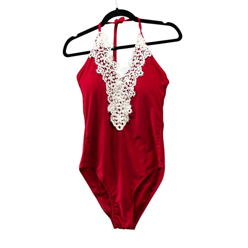 Womens One Piece Swimsuit Size M Padded Crochet Boho‎ Brown Halter Strap